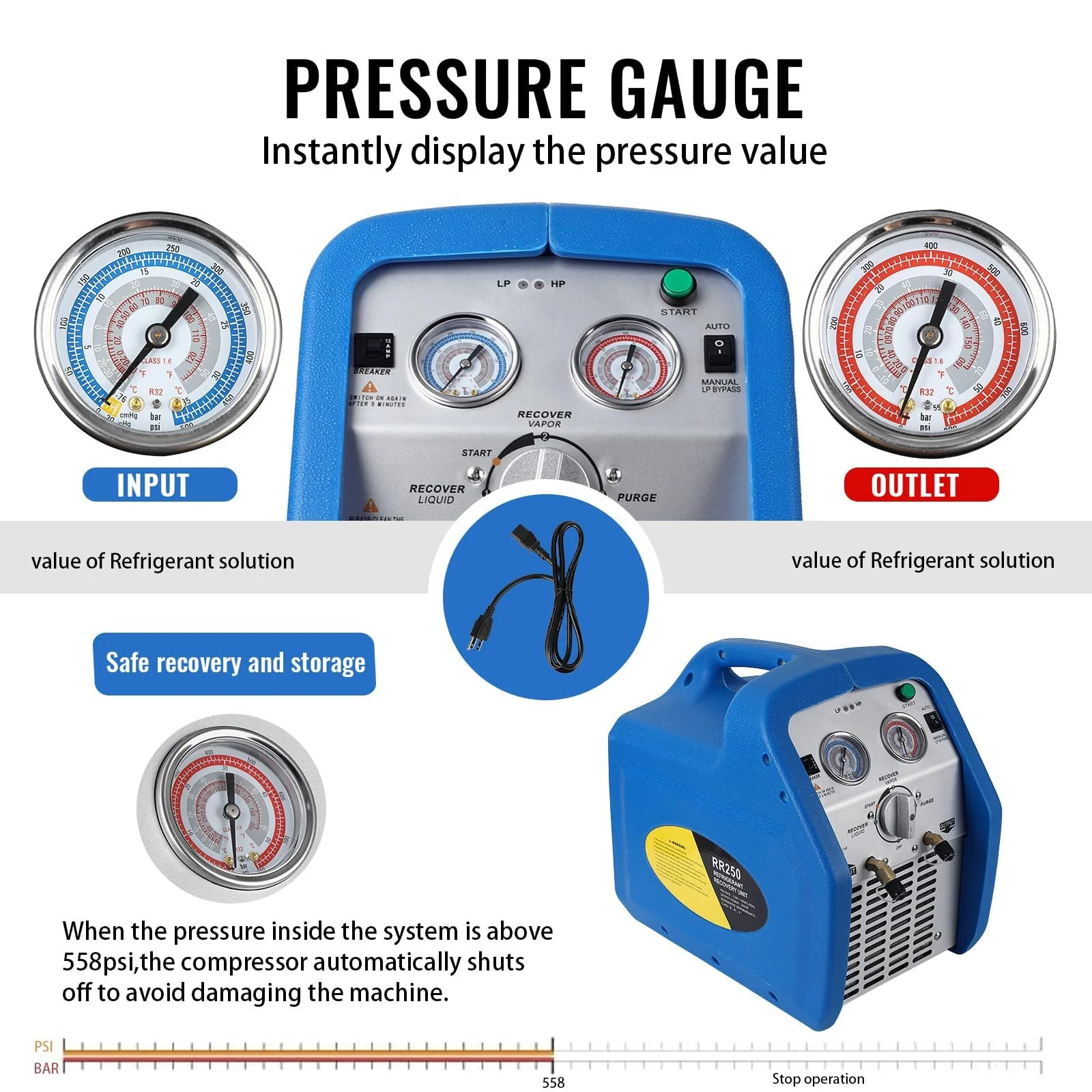 Garvee 110-120V Ac 60Hz 3/4 Horsepower Single Cylinder Portable Refrigerant Recovery Machine,Blue
