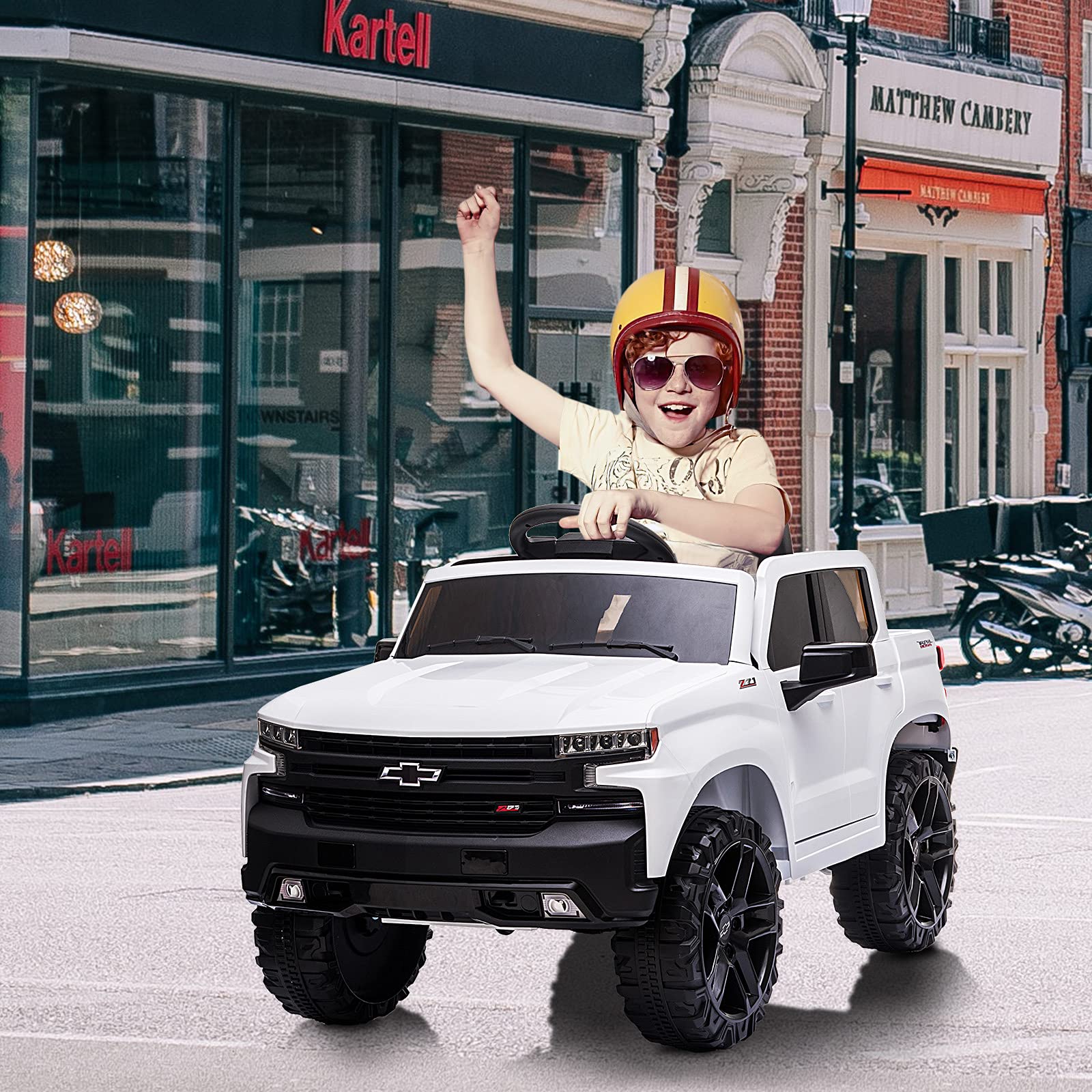Garvee 12V Ride on Car with Remote Control, Battery Powered Licensed Chevrolet Silverado GMC Kids Ride On Truck, Toddler Electric Vehicles Toys,Music,FM,Bluetooth, Spring Suspension, LED Light - White