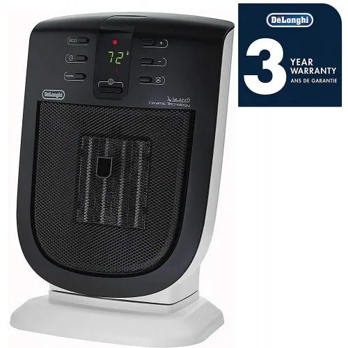 De’Longhi Ceramic Compact Heater, Quiet 1500W, Digital Adjustable Thermostat, 3 Heat Settings, Timer, Remote Control, Energy Saving, Safety Features, Black, DCH5915ER