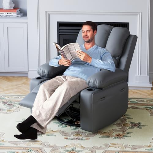 Garvee Leather Recliner Chair, Manual Rocking Recliner w/Comfortable Arms and Cup Holders for Living Room CF8011 - Gray, Medium