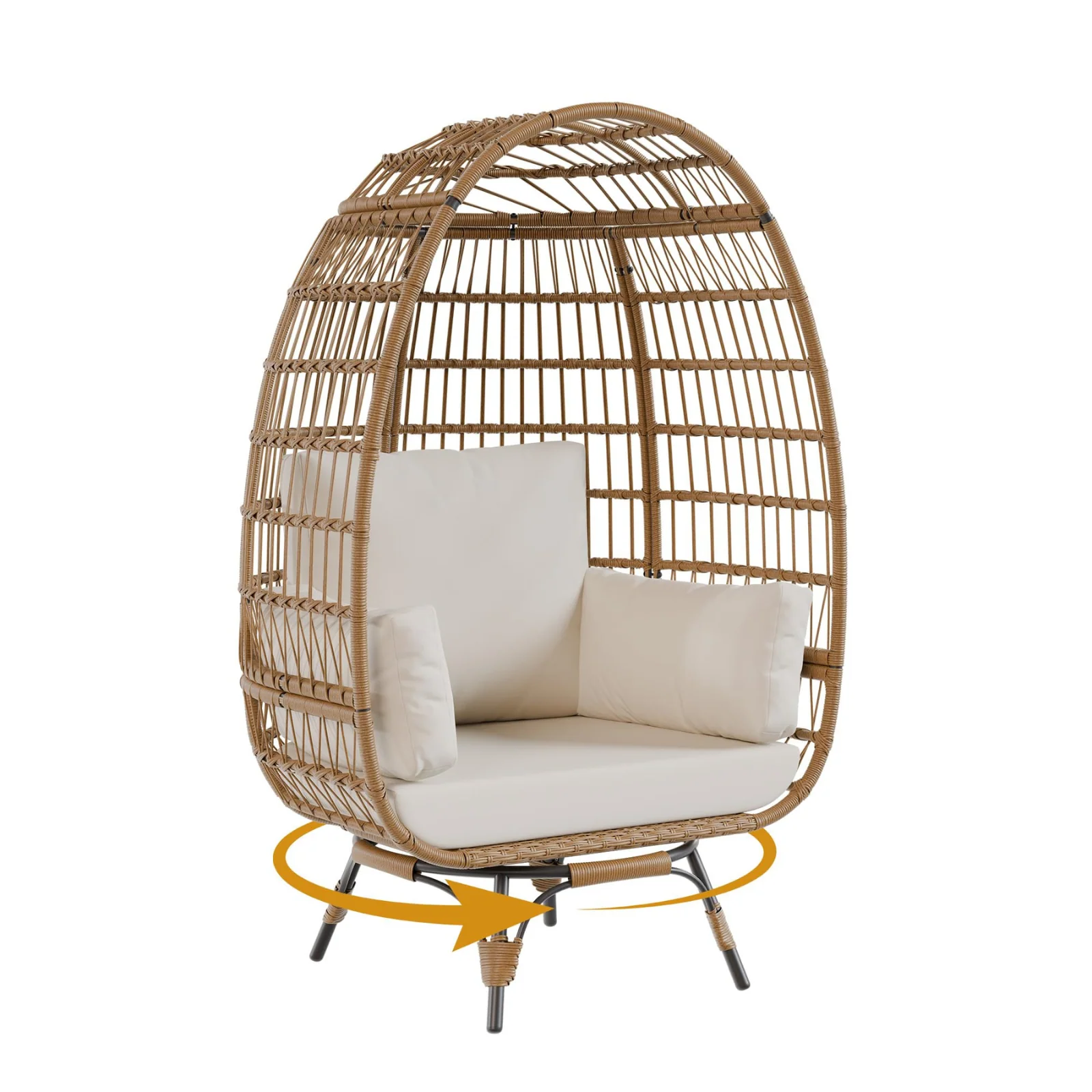 Garvee 360° Swivel Egg Chair, Oversized Patio Rotating Basket Chair, Steel Frame and Metal Base, Waterproof, PE Rattan Lounge Chair for Indoor & Outdoor Patio, Living Room, and Backyard, Beige