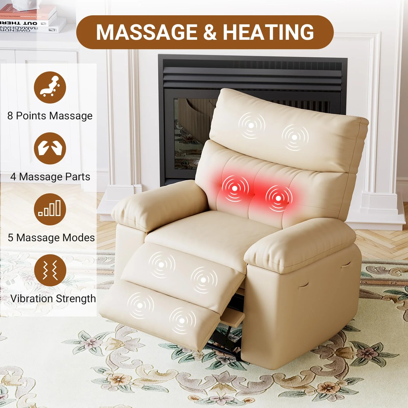 Garvee Massage Recliner Chair,Swivel Rocker Reclining Chair for Adults,Living Room Comfortable Single Sofa Chair with Massage and Heating,Leather Nursery Rocking Chairs,Beige