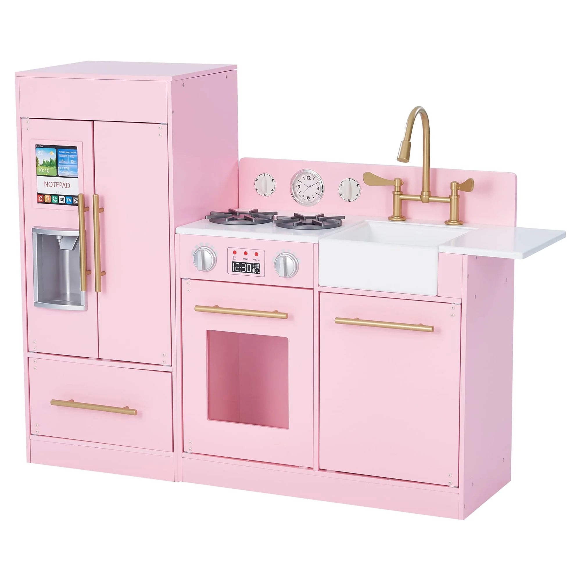 2026 Teamson Kids Little Chef Charlotte Modern Play Kitchen with Free-Standing Refrigerator, Separate Kitchenette Unit, & Interactive Features, Pink