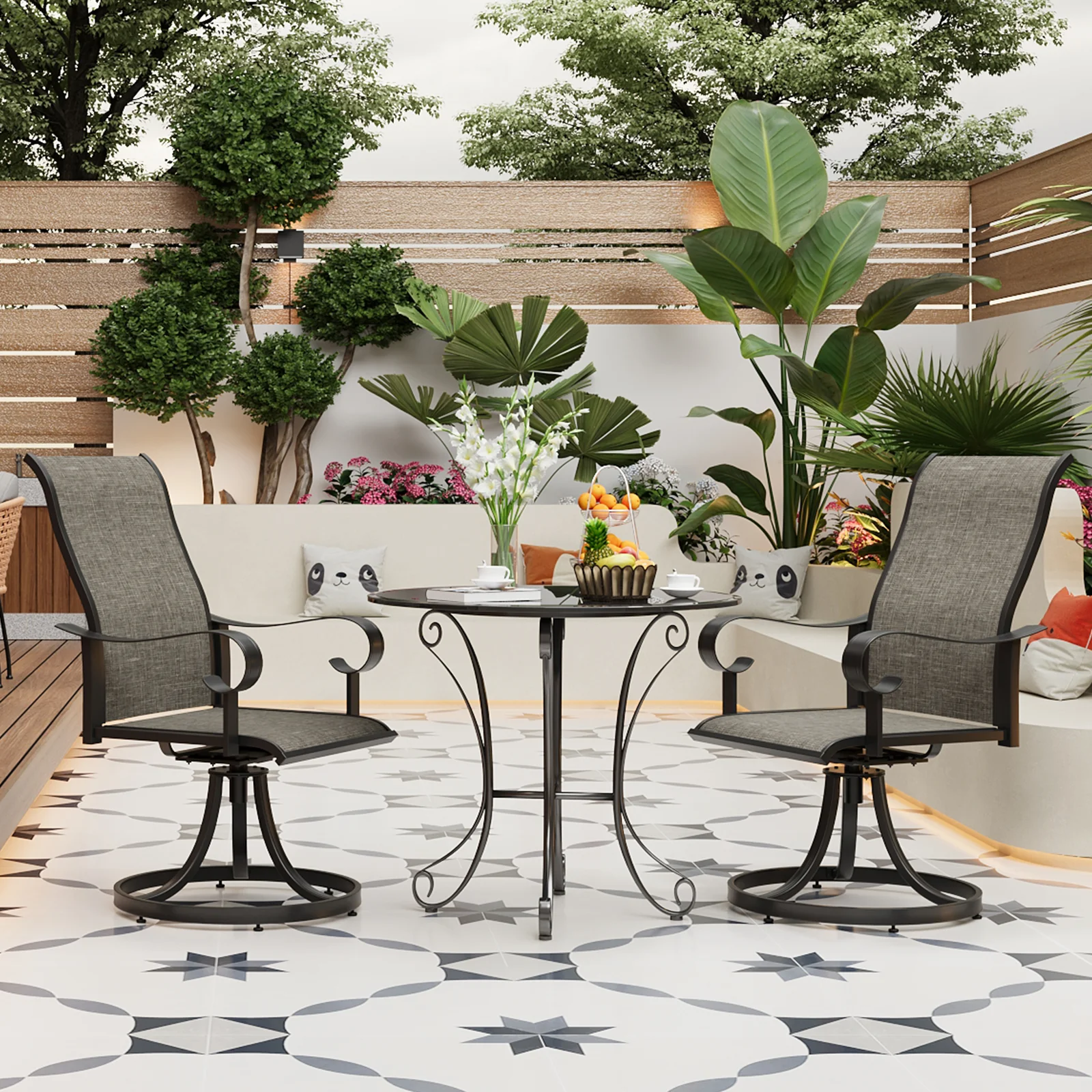 Garvee Patio Swivel Chairs Set of 2, Outdoor Swivel Rocker Dining Chairs with All Weather Textilene High Back & Metal Frame, for Backyard Deck Lawn Garden, Brown
