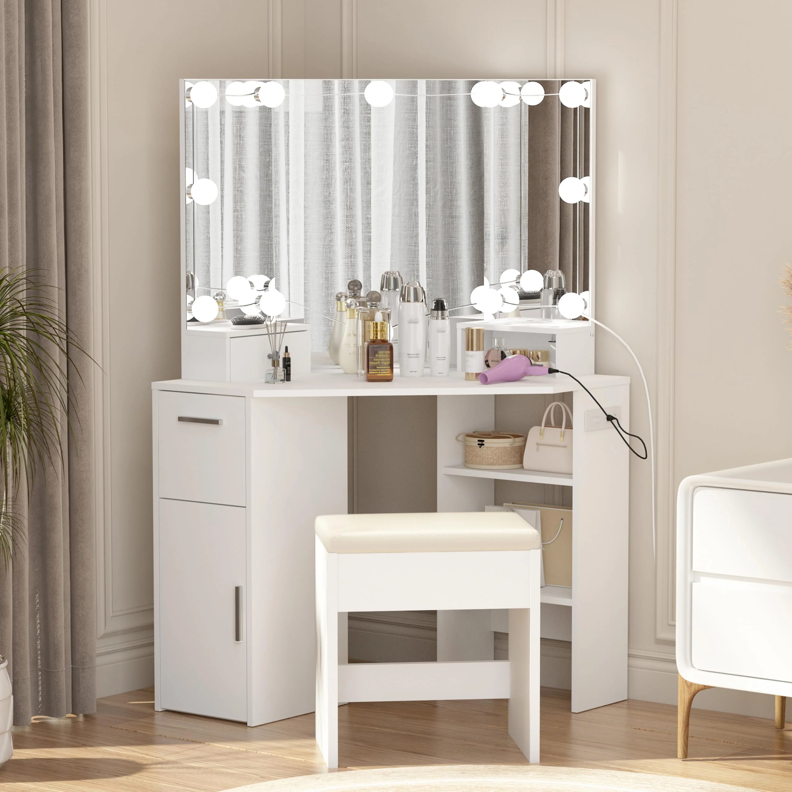 Garvee Corner Vanity Mirror with Lights and Table Set & Power Outlet, Makeup Vanity Table with Lights with 2 Drawers & Stool, 3 Ligthing Color Vanity Desk, White