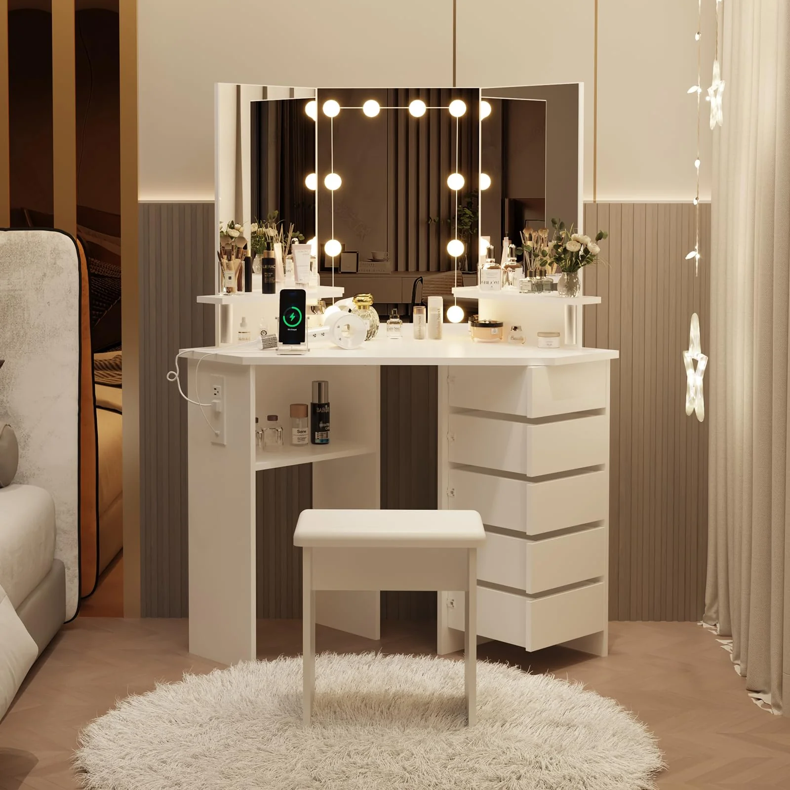 Garvee Corner Makeup Vanity Desk with Lights & Power Outlet - Tri-Folding Mirror, 5 Rotating Drawers, Adjustable Brightness, Ample Storage, Stool Included, Suitable for Bedroom