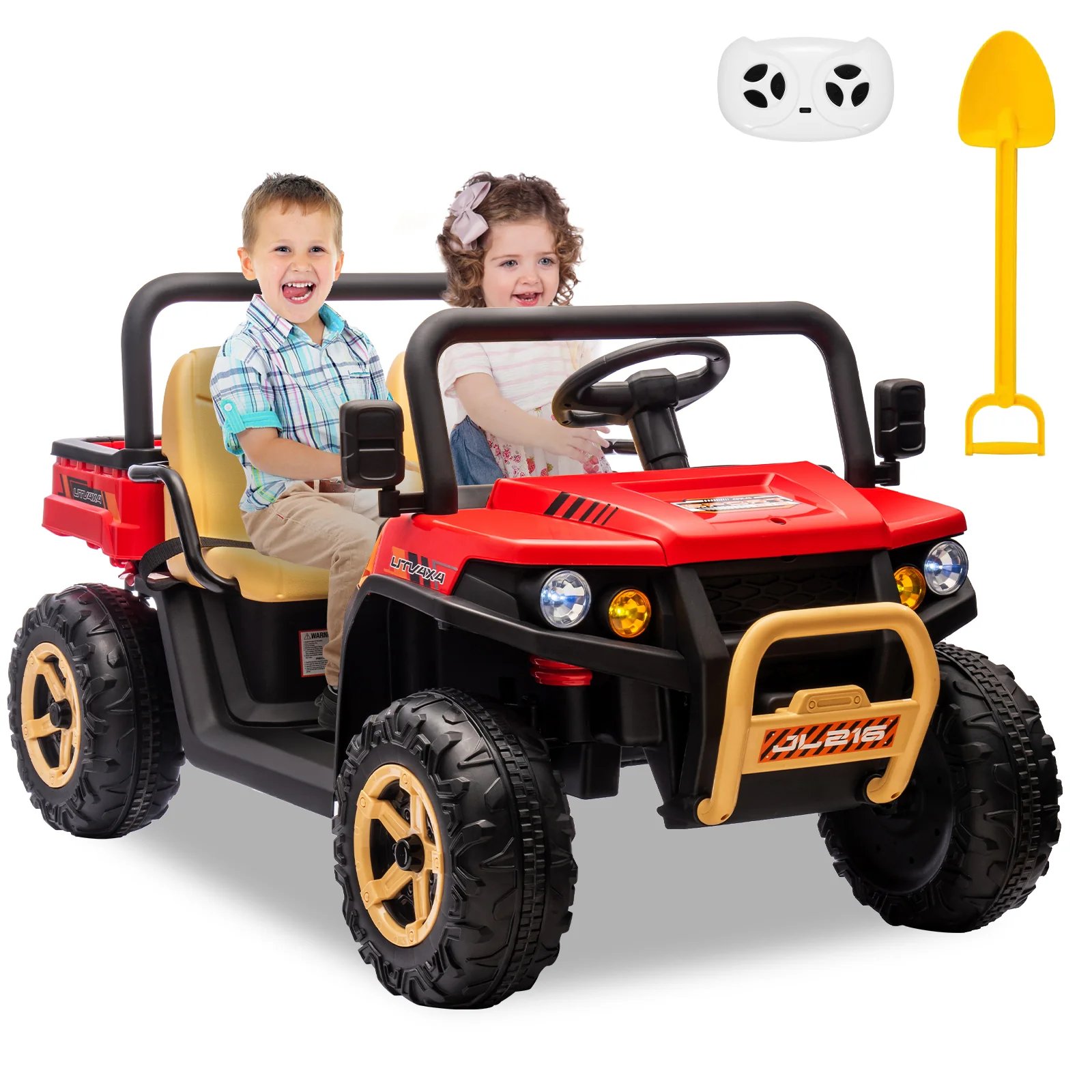 Garvee 24v Ride On Dump Truck, 2 Seater Electric Ride On Car Toy for Kids, Battery Powered UTV with 4x35W Motors, Shovel, Bluetooth, Remote Control, Music, LED Lights for Boys & Girls, Red