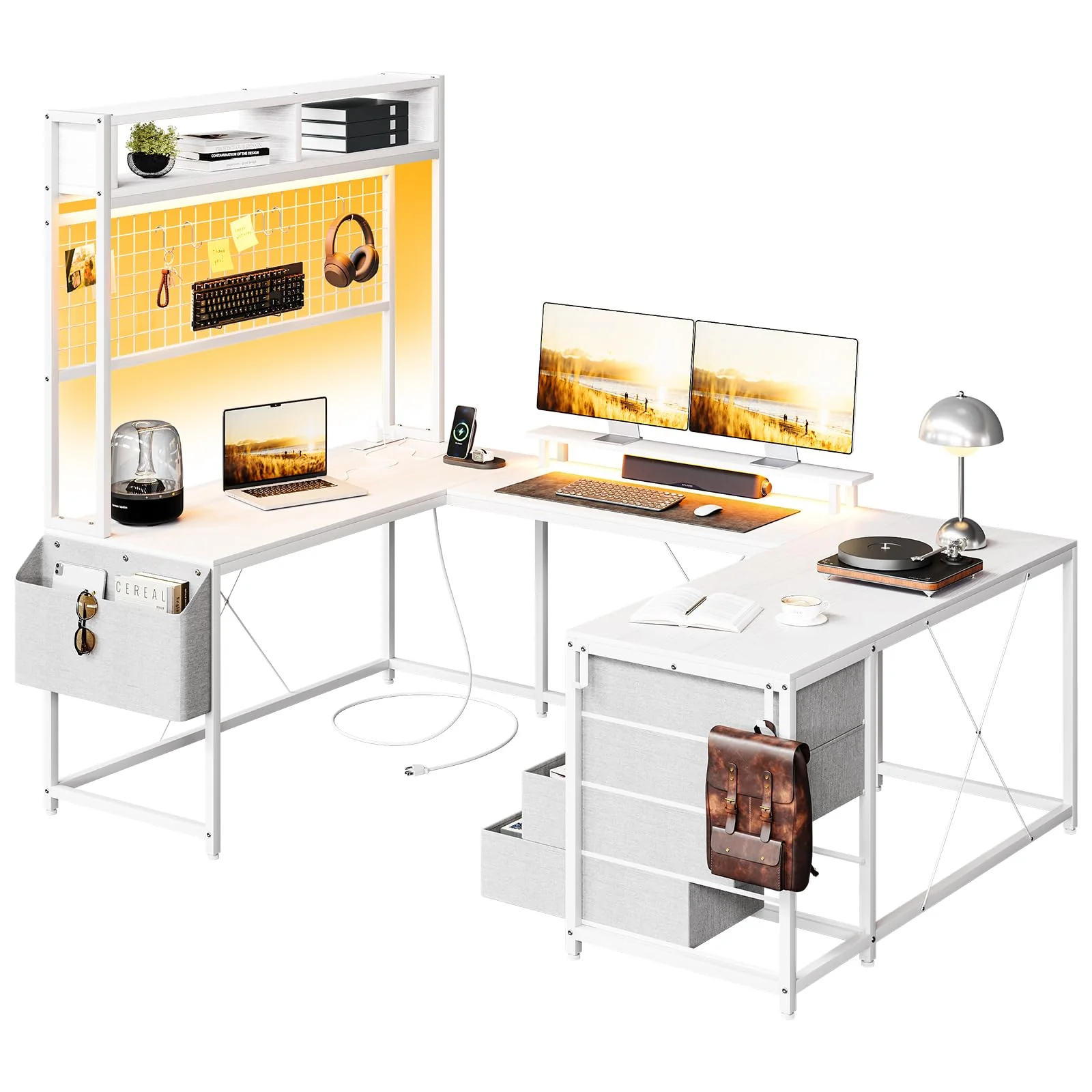 Garvee U Shaped Desk with Monitor Stand and LED Lights, U Shaped Gaming Desk with Storage Shelves, Large Computer Desk with Power Outlets, Large Corner Office Desk with 4 Drawers,White