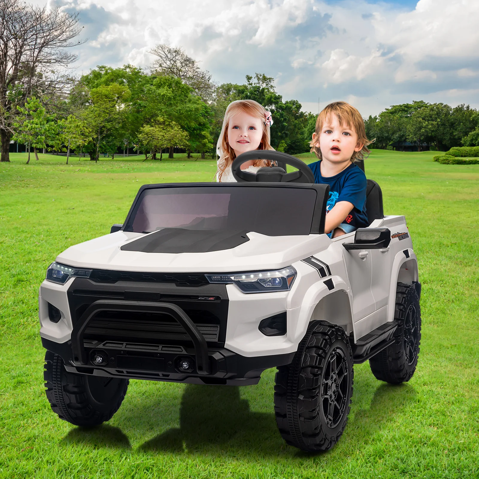Garvee 24V Kids Ride On Car 2 Seater Electric Ride On Toy for Toddlers Battery Powered Truck Car With Remote Control, Battery Display, Handle, Trunk, LED Lights, Music (White)