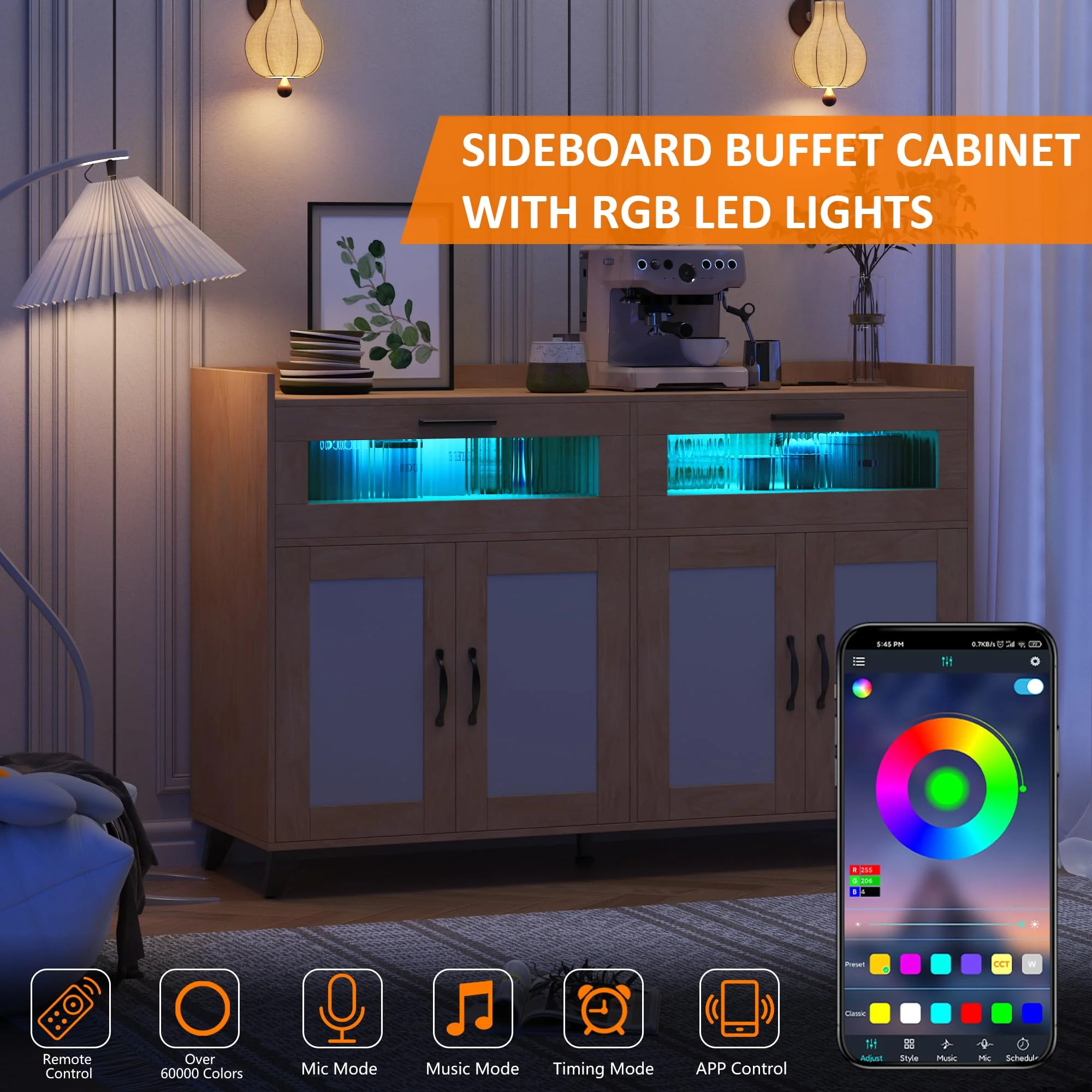 Garvee Sideboard Buffet Cabinet With Power Outlet & LED Light, Kitchen Storage Cabinet With 2 Fluted Acrylic Drawers & 4 Rattan Doors, Coffee Bar Cabinet Wood Buffet Table for Kitchen, Dining Room (Natural)