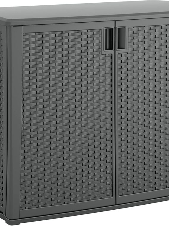 2026 Suncast Outdoor Storage Cabinet with Pad-Lockable Doors  Freestanding Outdoor Patio Storage Unit  42′′ W x 23′′ D x 35.5′′ H  Cool Gray
