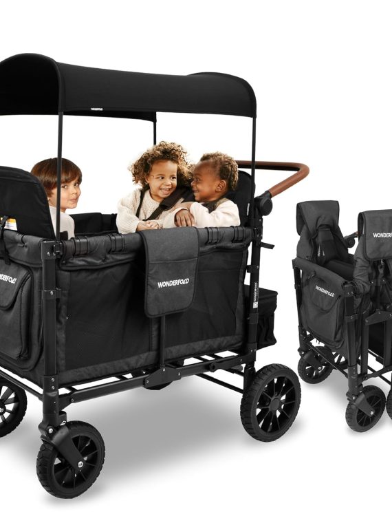 2026 WONDERFOLD W4 Luxe Quad Stroller Wagon (4 Seater) – Collapsible Wagon Stroller with Seats with Magnetic Buckle 5-Point Harnesses and Adjustable Sun Canopy  Black