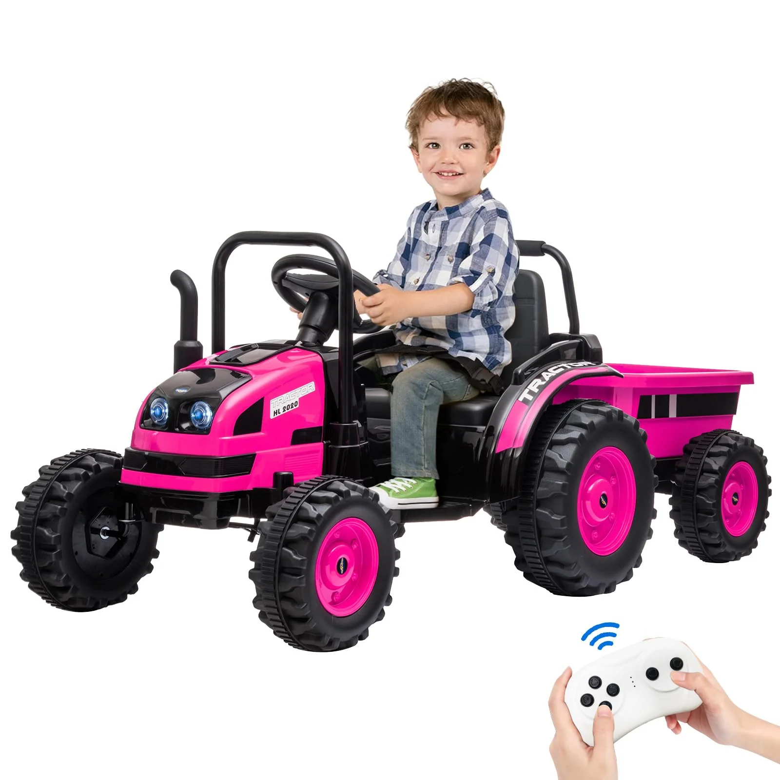 Garvee 12V Electric Ride-On Tractor for Kids with Trailer, Remote Control, Music, LED Lights, and Rear Wheel Suspension - Battery Powered Toy Vehicle - Pink