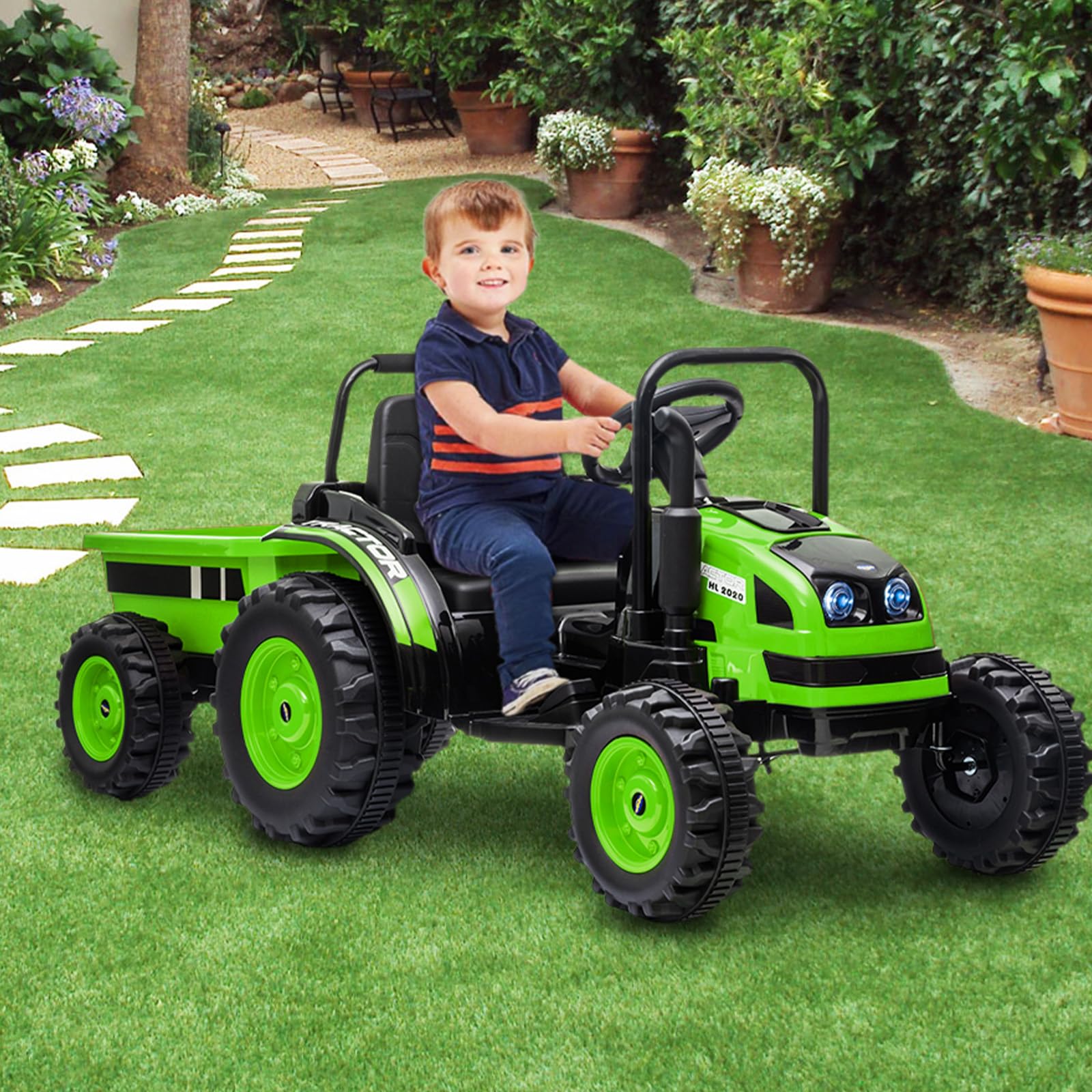 Garvee 12V Electric Ride-On Tractor for Kids with Trailer, Remote Control, Music, LED Lights, and Rear Wheel Suspension - Battery Powered Toy Vehicle - Green