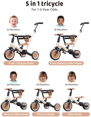 2026 newyoo TR008 5 in 1 Toddler Tricycle with Push Handle for 1-3 Year Old Boys and Girls  Kids Push Trike with Safe Bar  Toddler Bike  Convert to Balance Bike  Birthday Gifts and Toys for Baby  Cream
