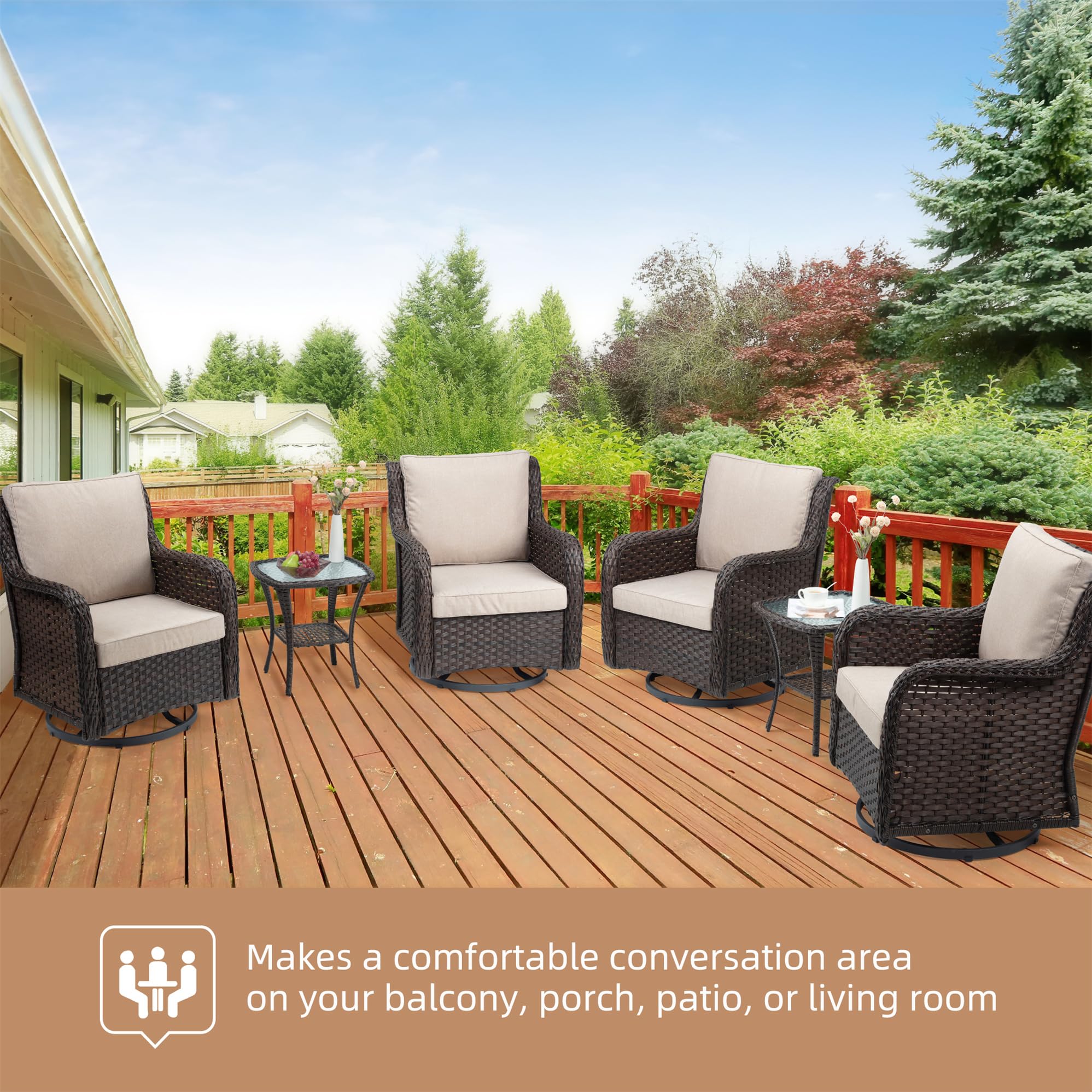 Garvee 3-Piece Outdoor Rattan Swivel Rocking Chair Set - Patio Bistro Conversation Furniture with Cushions & Table, Beige Encrypted Rattan