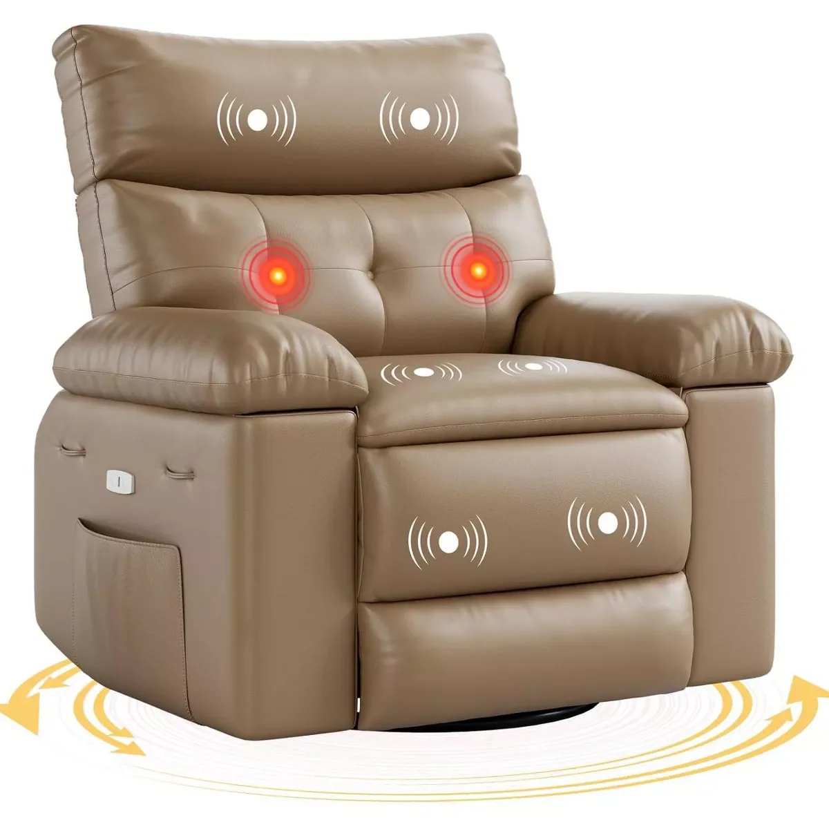 Garvee Recliner Chair for Adults,PU Leather Electric Rocker Recliner,360 Degree Swivel Lounge Chair with Side Pocket,Modern Massage Recliner Chair Sofa for Living Room,Bedroom (Light Brown)