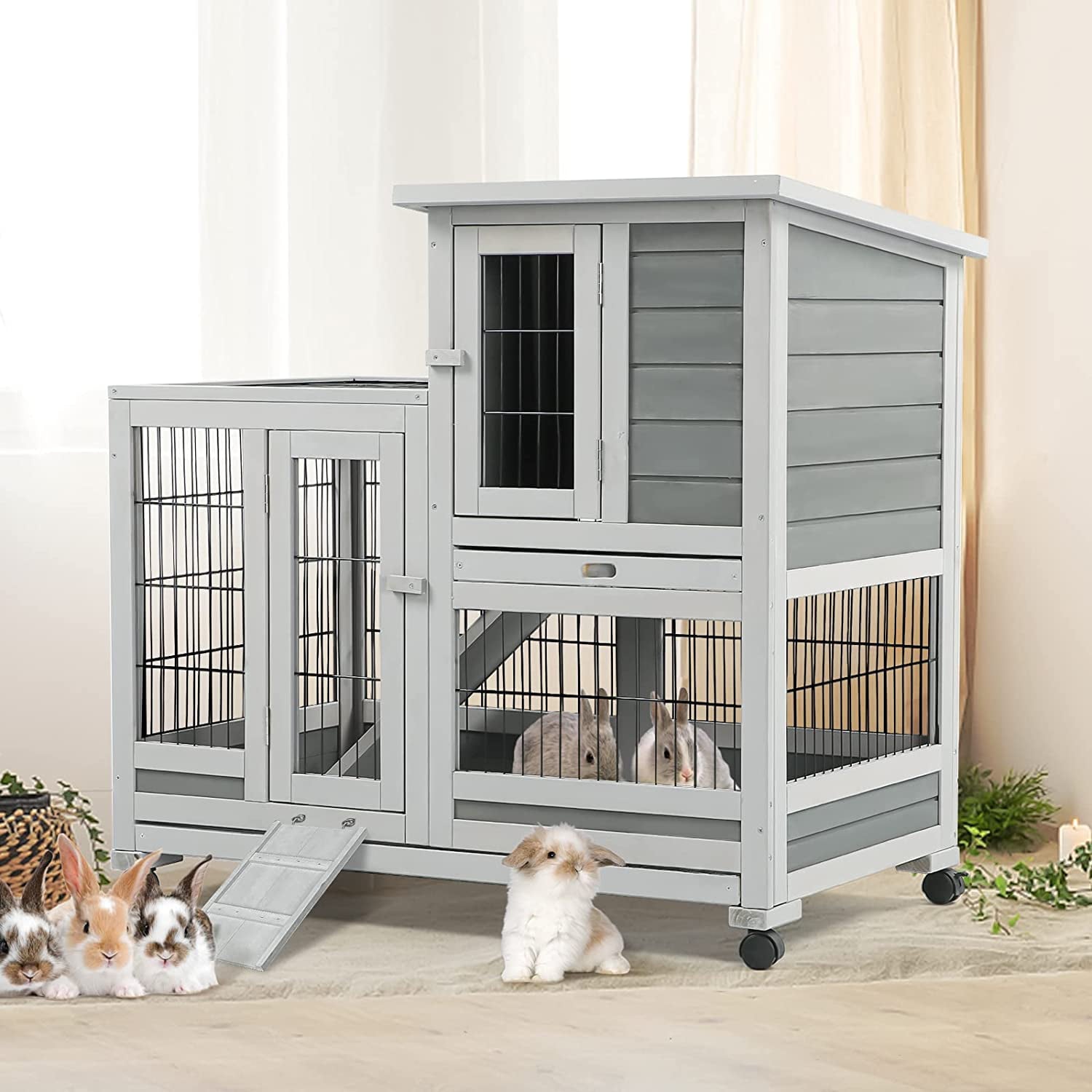 2026 YODOLLA Indoor Rabbit Hutch Bunny Cage Large Pet House for Small Animal with Wheels
