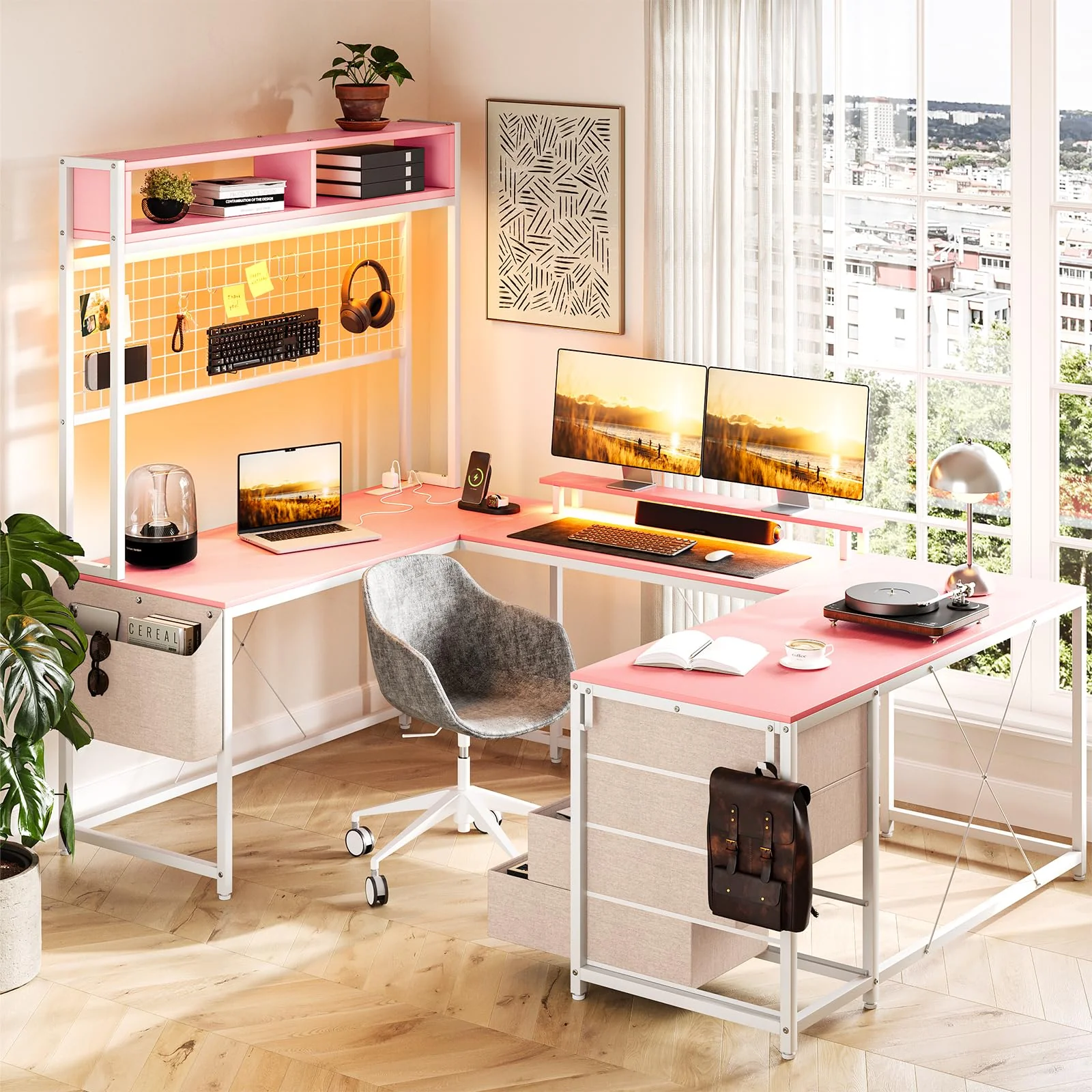 Garvee U Shaped Desk with Monitor Stand and LED Lights, U Shaped Gaming Desk with Storage Shelves, Large Computer Desk with Power Outlets, Large Corner Office Desk with 4 Drawers,Pink