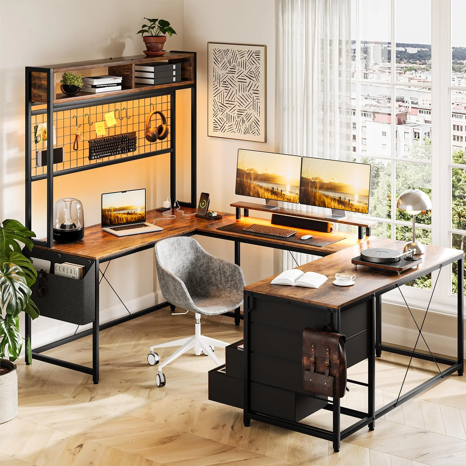 Garvee U Shaped Desk with Monitor Stand and LED Lights, U Shaped Gaming Desk with Storage Shelves, Large Computer Desk with Power Outlets, Large Corner Office Desk with 4 Drawers,Rustic Brown