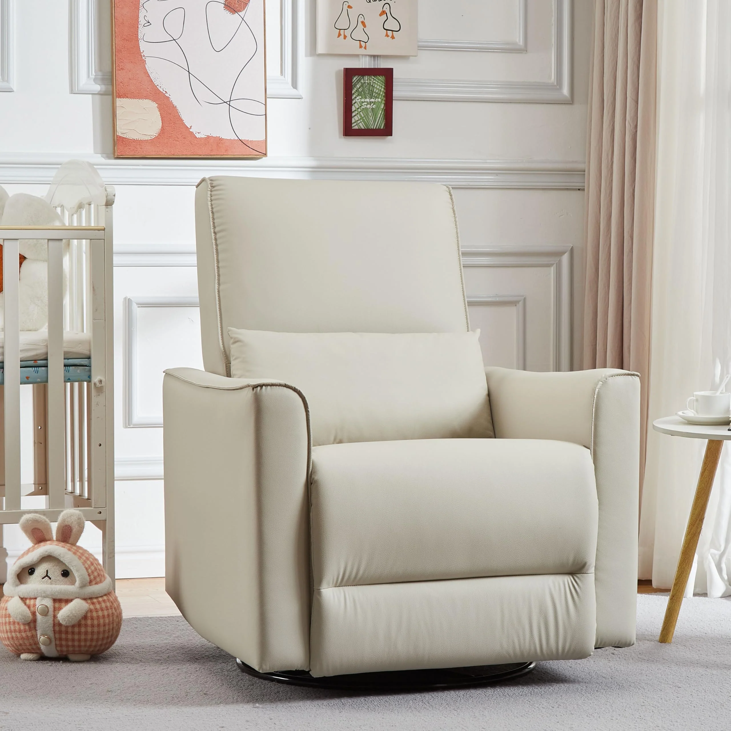 Garvee PU Leather Recliner Chair with Rocker, 360° Swivel & Glider Motion, High Back Rocking Chair for Nursery, Living Room & Bedroom, Deep Seat, Beige