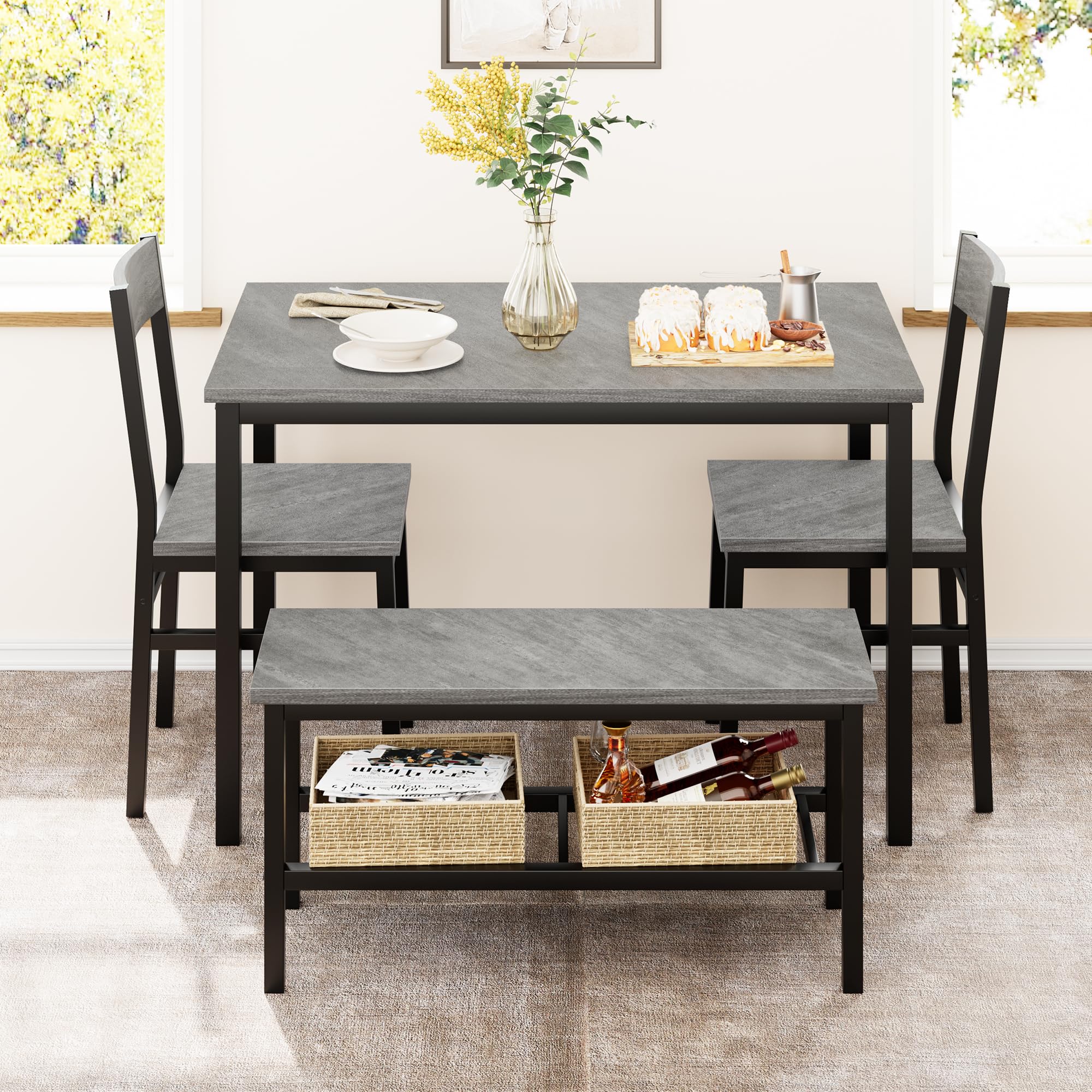 Garvee Dining Table Set for 4, Kitchen Table with 2 Chairs, Bench with Storage Rack, 4 Pieces Dining Room Table Set for Small Place, Apartment, Kitchen, Gray