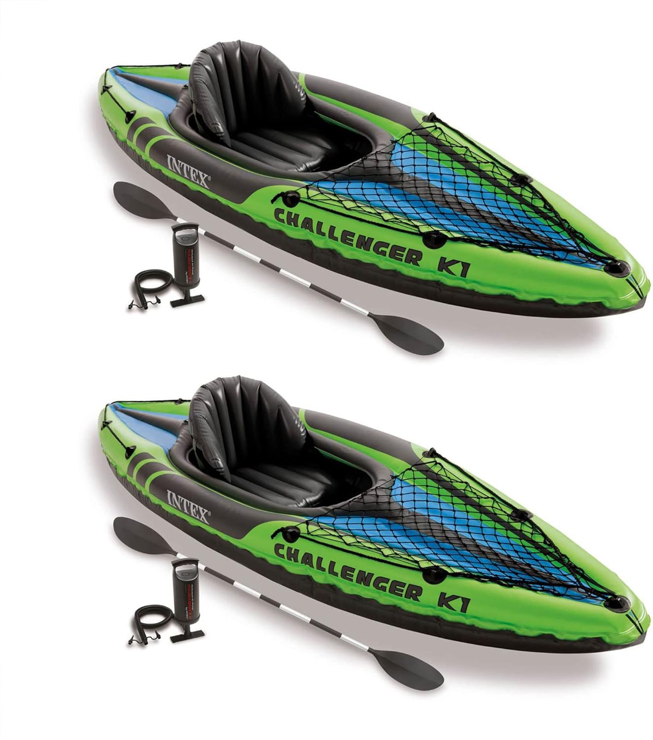 2026 Intex Challenger K1 1 Person Durable Vinyl Streamline Sporty Kayak with Inflatable Seat and Backrest  Oar  Pump  Carrying Bag  and Repair Kit (2 Pack)