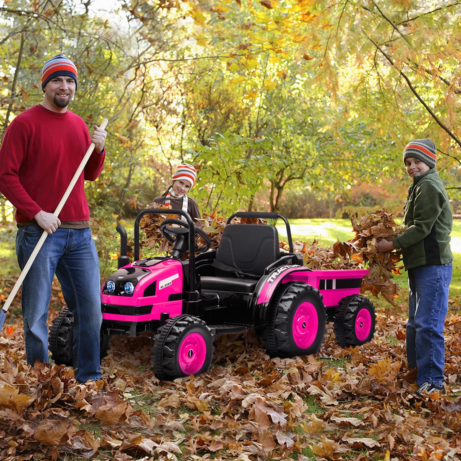 Garvee 12V Electric Ride-On Tractor for Kids with Trailer, Remote Control, Music, LED Lights, and Rear Wheel Suspension - Battery Powered Toy Vehicle - Pink