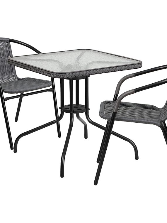 2026 Alamont Home – Lila Outdoor Square Contemporary Metal 3 Piece Patio Set – Clear Top/Gray Rattan
