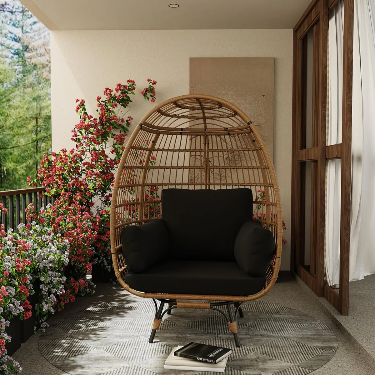 Garvee 360° Swivel Egg Chair, Oversized Patio Rotating Basket Chair, Steel Frame and Metal Base, Waterproof, PE Rattan Lounge Chair for Indoor & Outdoor Patio, Living Room, and Backyard, Black