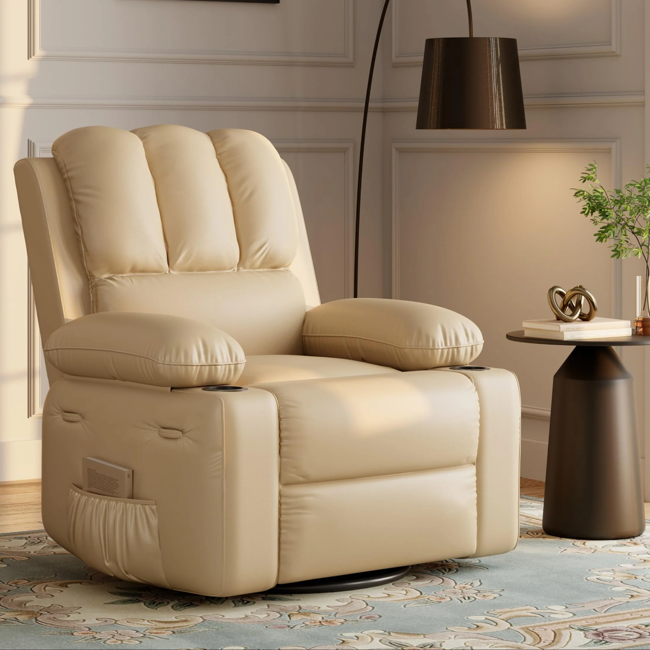 Garvee 22'' Recliner Chair, 360° Manual Rocker Swivel Recliner for Adults, Lounge Chair with Side Pockets and Cup Holders, for Living Room, Bedroom, and Nursery, Creamy