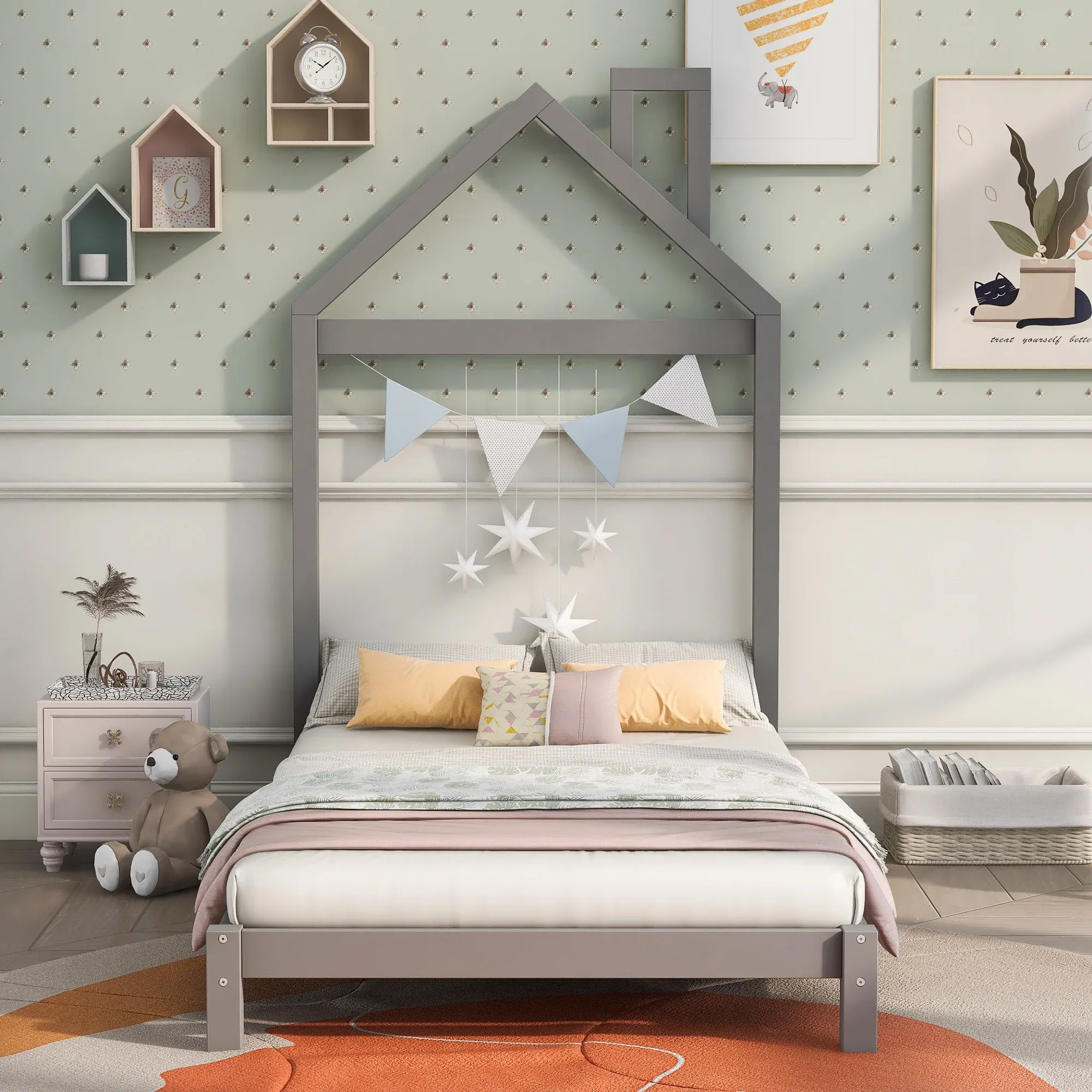 uhomepro Kids Twin Bed Frame with House Frame Headboard, Pretty Platform Bed Frame for Girls Boys, Wood Bed Frame Twin Size Bedroom Furniture with Wood Slats Support, No Box Spring Needed, Gray