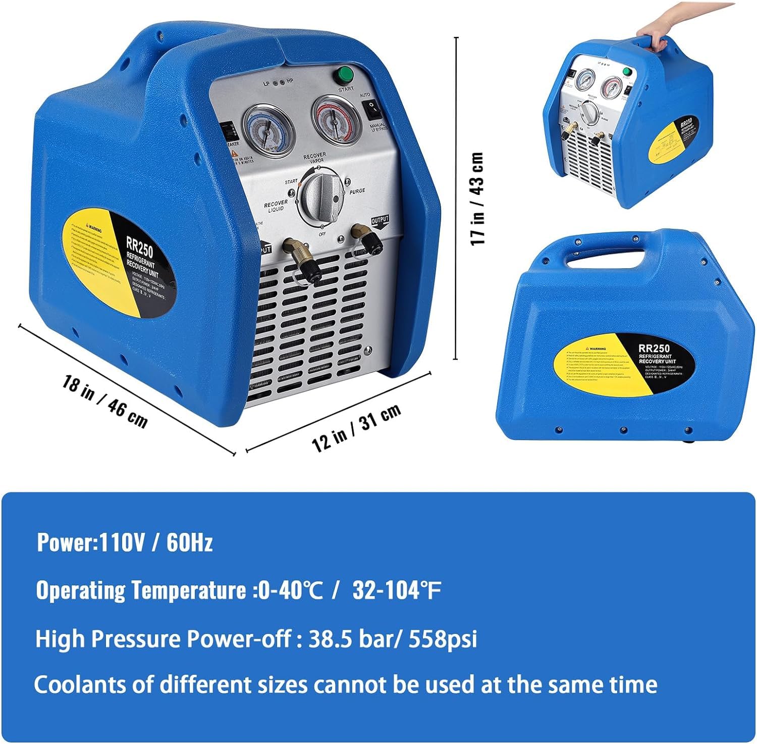 Garvee 120V Ac 60Hz 3/4 Horsepower Single Cylinder Portable Refrigerant Recovery Machine, Orange