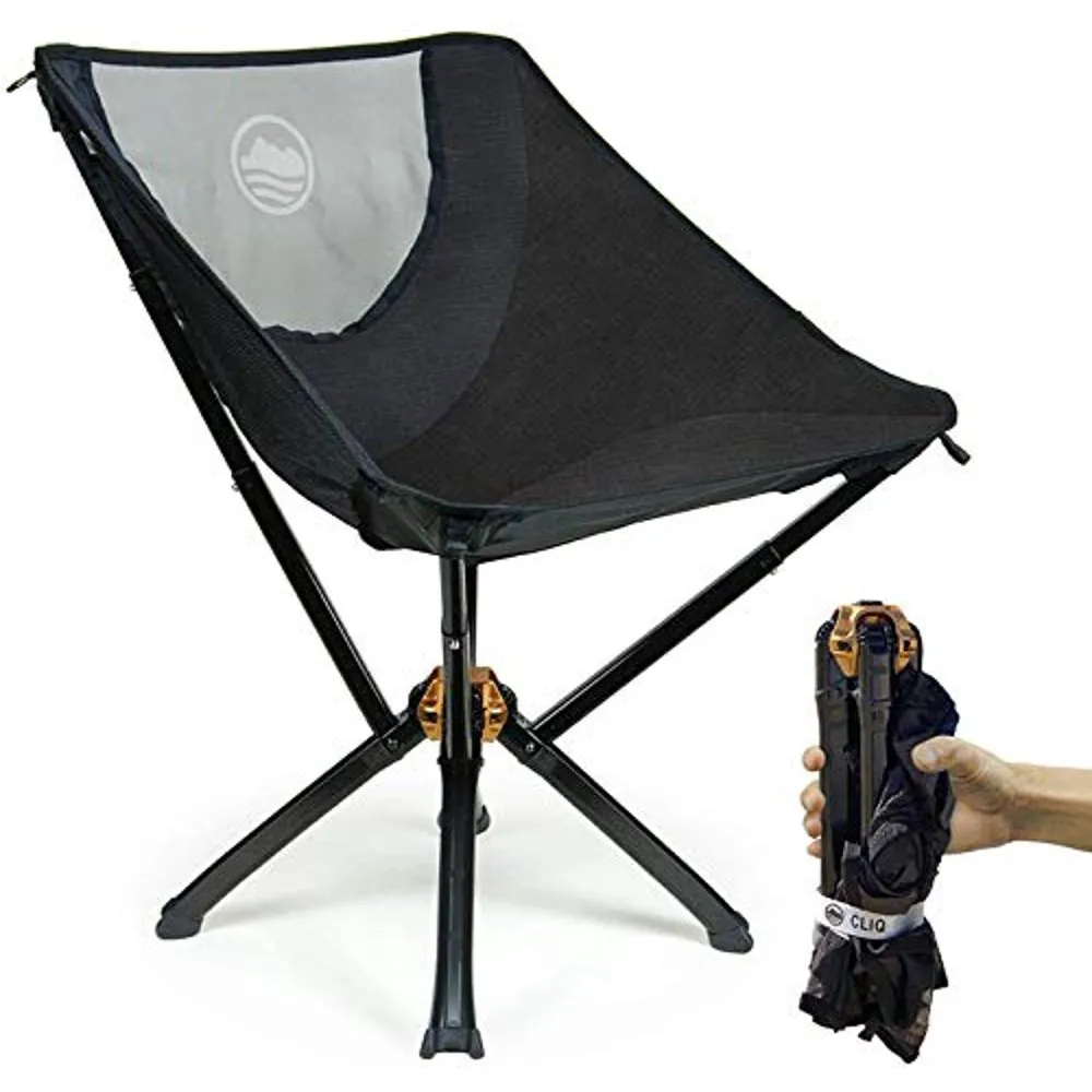 cliq camping chair most funded portable chair in crowdfunding history bottle sized compact outdoor chair sets up in 5 seconds supports 300lbs aircraft grade aluminum black