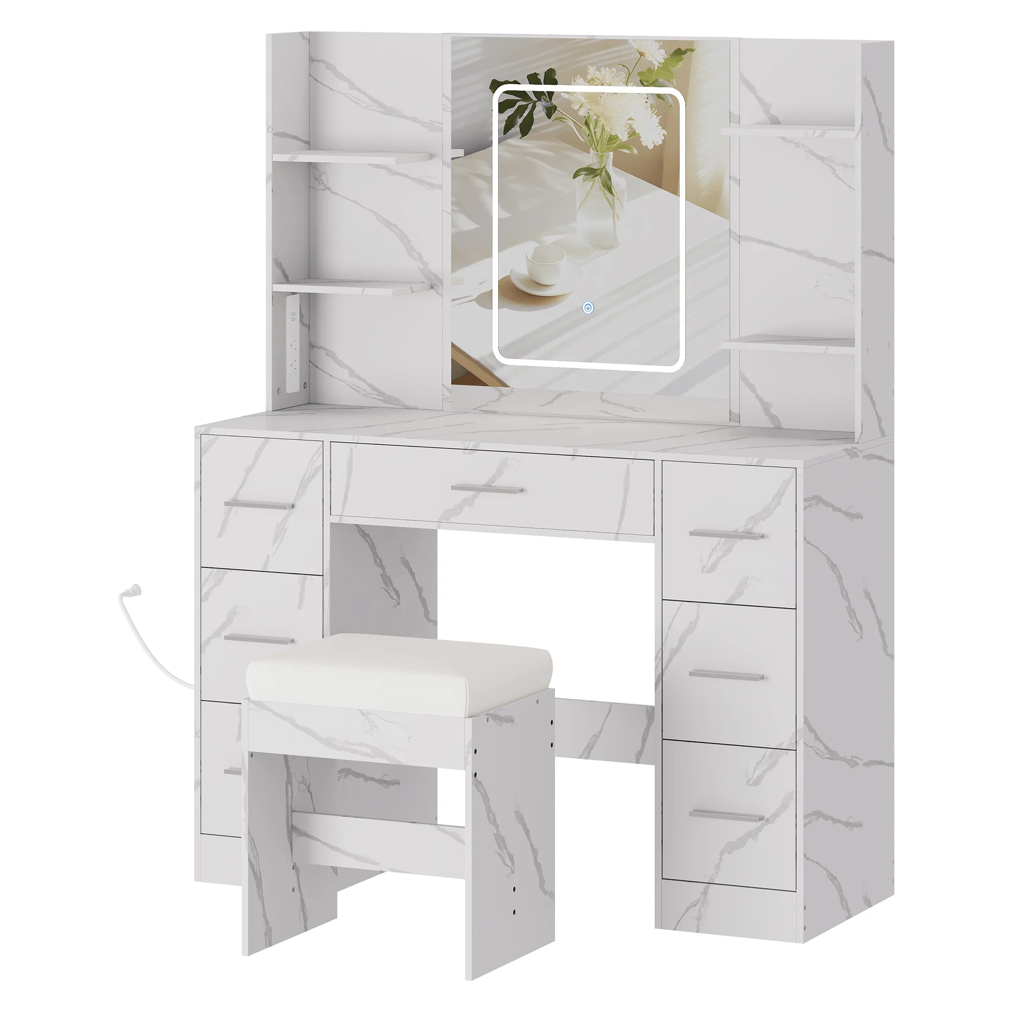 Garvee 43.3'' Vanity Desk Stool Set, Modern Makeup Table with Lighted Mirror, Power Outlet, 7 Drawers, 4 Open Shelves for Small Bedroom, Faux Marble