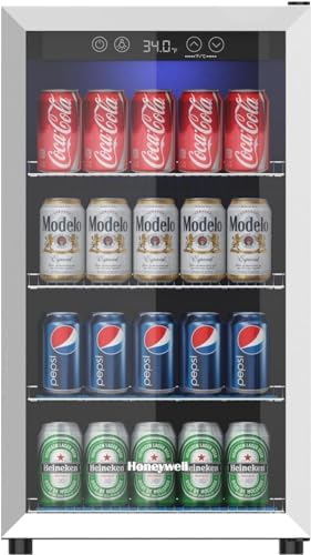2026 Honeywell Beverage Refrigerator and Cooler  115 Can Mini Fridge with Glass Door for Soda Beer or Wine for Office or Bar with Adjustable Removable Shelving