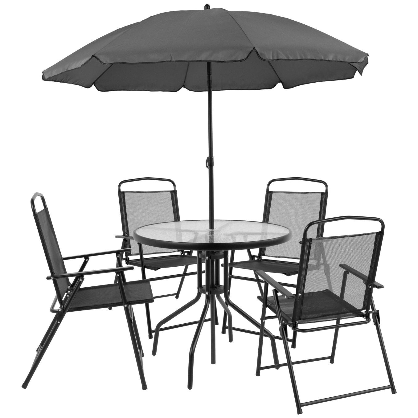 Lancaster Home Nantucket 6 Piece Patio Garden Set with Table, Umbrella and 4 Folding Chairs, Black