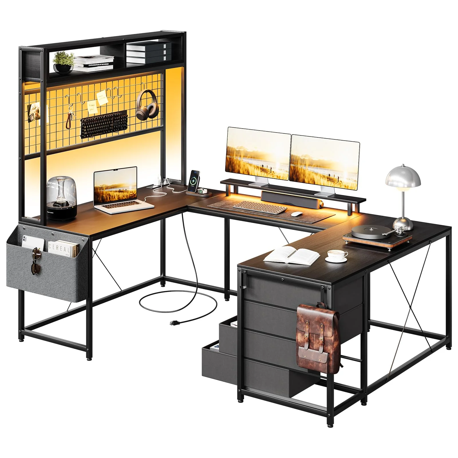 Garvee U Shaped Desk with Monitor Stand and LED Lights, U Shaped Gaming Desk with Storage Shelves, Large Computer Desk with Power Outlets, Large Corner Office Desk with 4 Drawers,Black