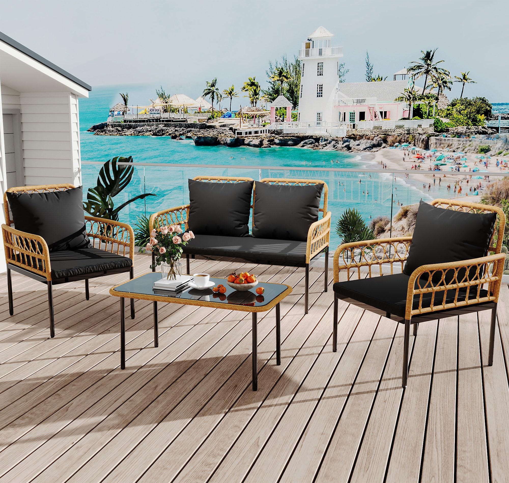 Garvee 4-Piece Outdoor Wicker Patio Bistro Set All-Weather Rattan with Glass Top Coffee Table, Loveseat & 2 Armchairs, Cushions Included, Blackveseat & 2 Armchairs Chairs Cushions,Boho Balcony Furniture for Backyard, Garden,Black