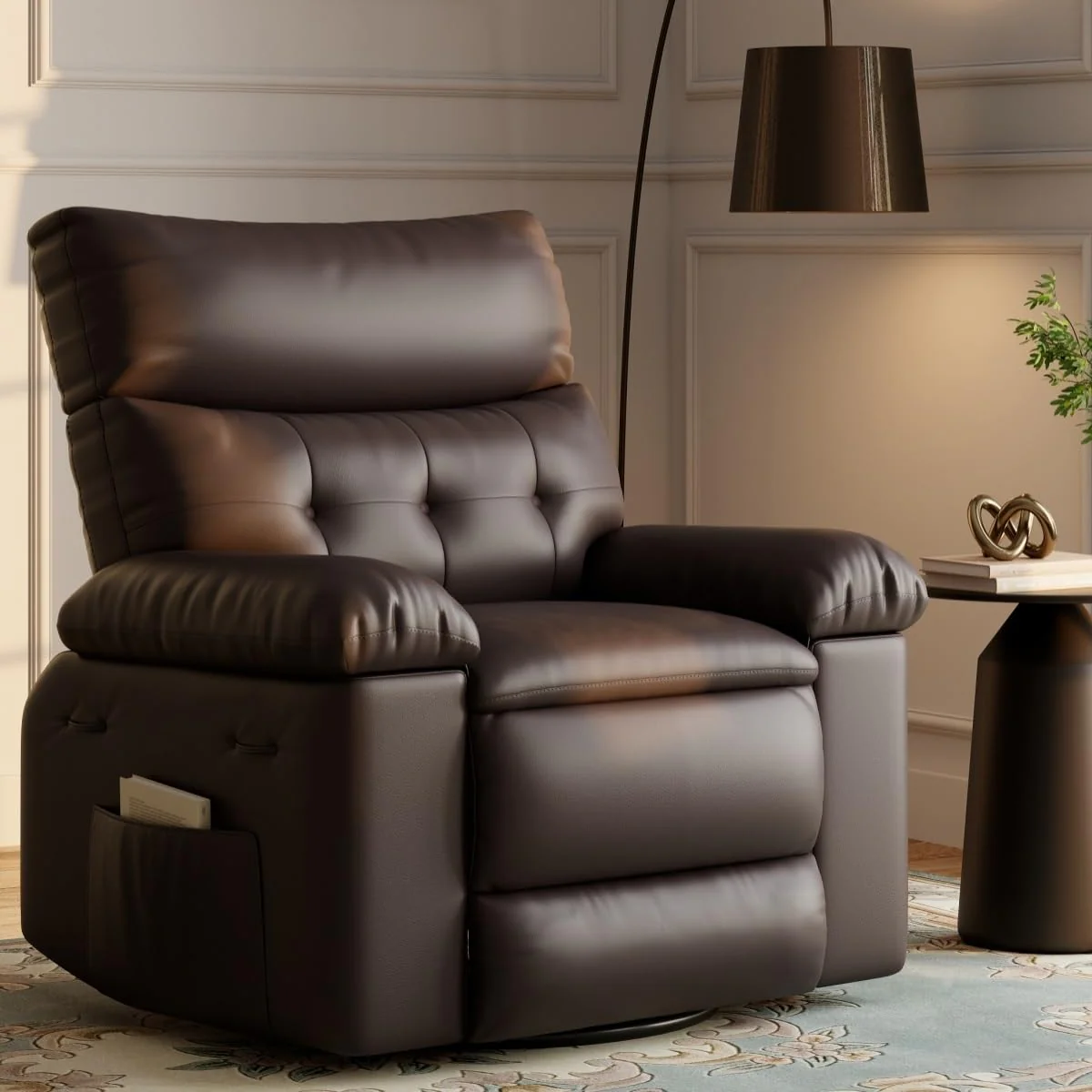 Garvee Oversized Recliner Chairs with Heat and Massage - 360° Swivel Lazy Boy Recliner Chair for Adults- Manual Rocking Chair with Cup Holder for Living Rooms, Bedrooms, and Nurseries - Brown