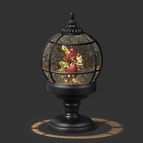 Lighted Swirl Sphere W/ Three Cardinals On A Branch, 9.5