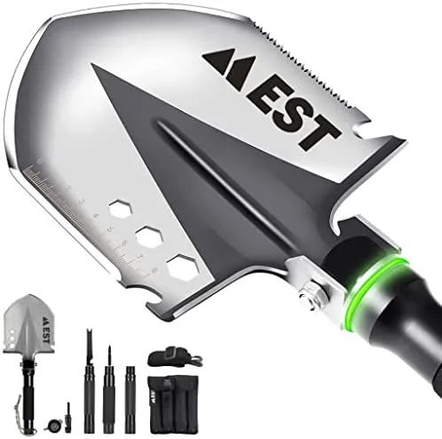 EST Gear Survival Shovel 18-in-1 Military Gear Folding Compact Tactical Entrenching Tool for Camping, Backpacking and Emergencies, Lifetime Replacement