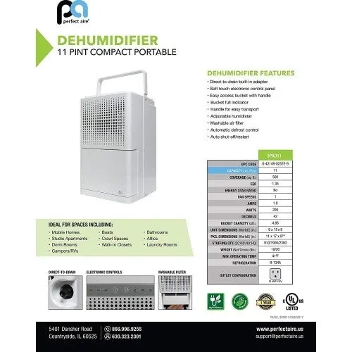Perfect Aire 3PAD11 11 Pint High Efficiency Dehumidifier, 500 Sq. Ft. Coverage