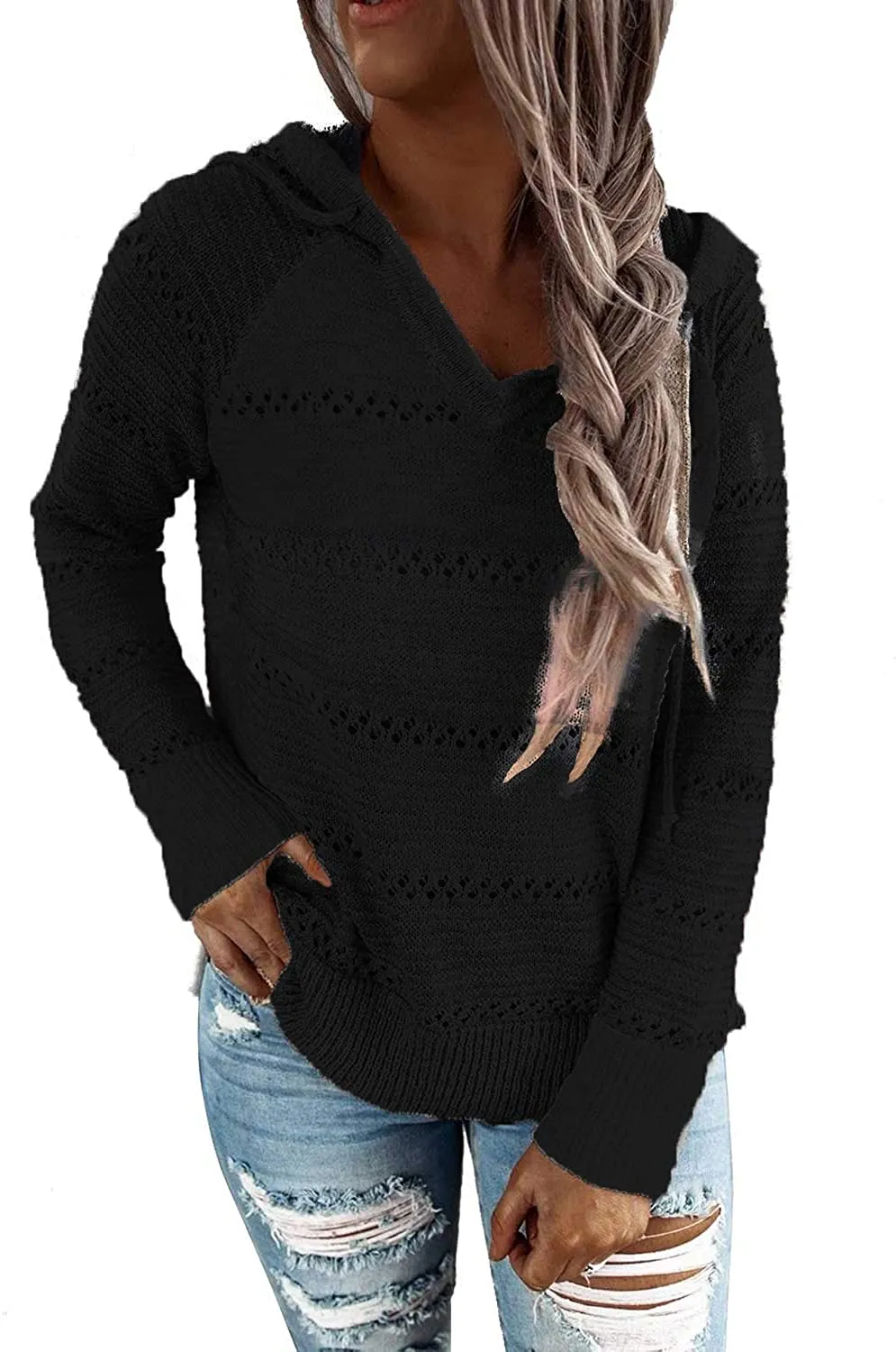 Womens Striped Color Block Hoodies Fashion V Neck Knit Sweater Pullovers