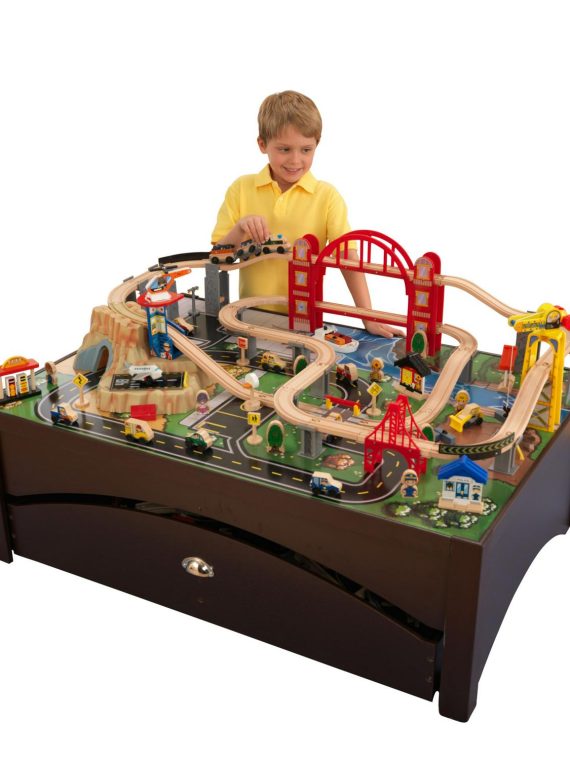 2026 KidKraft Metropolis Wooden Train Set and Table with 100 Pieces and Storage Drawer, Espresso