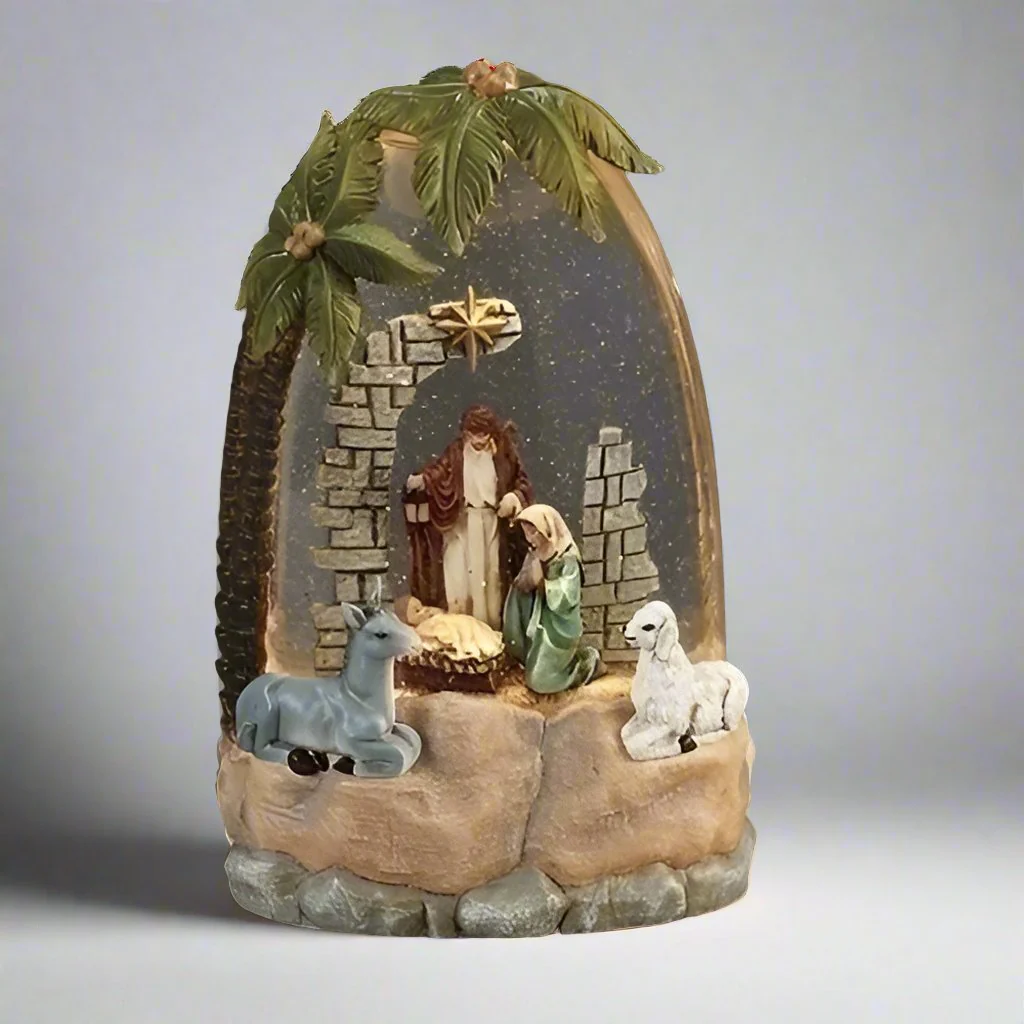 Lighted Holy Family W/ Palm Tree Snow Globe, 8.5