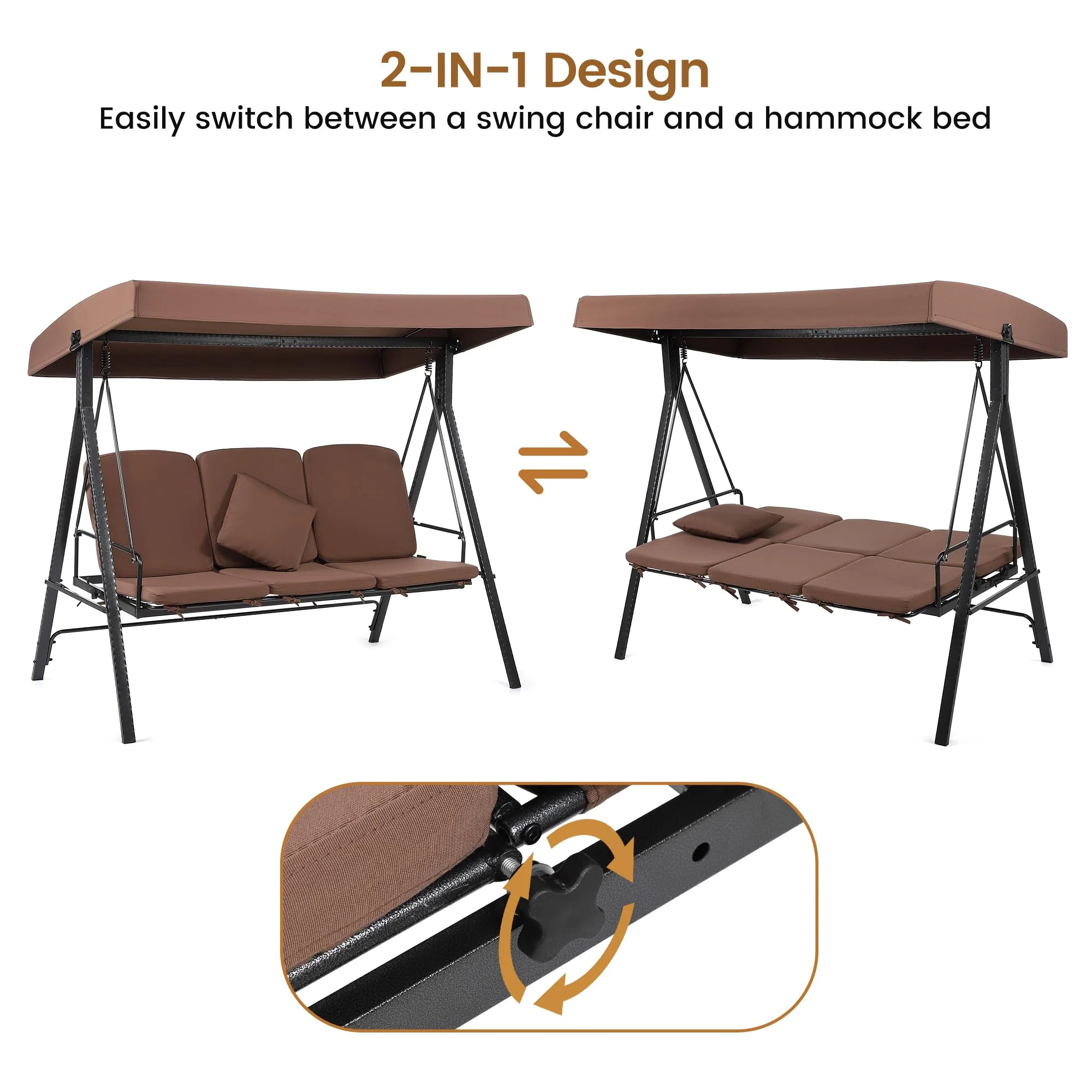 Garvee Patio Swing Chair, 2 in 1 Patio Swing Bed, 3-Seat Outdoor Porch Swing with Weather Resistant Steel Frame, Adjustable Waterproof Canopy, Cushions and Pillow, for Backyard,Brown