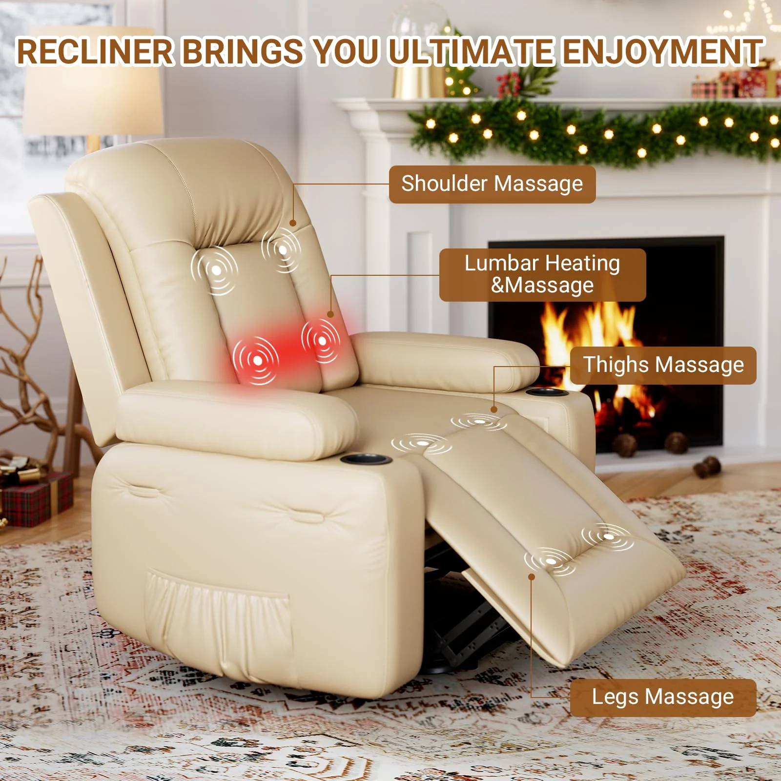 Garvee PU Leather Power Lift Recliner Chair With Massage and Heat, Adjustable Furniture for Back, Legs w/ 3 Positions, Usb Port, Side Pocket (Beige, 27