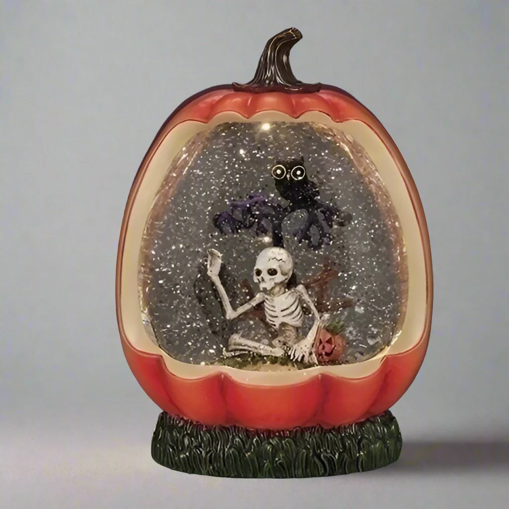 Lighted Swirl Pumpkin Shape Snow Globe, Halloween Scene, 8.25