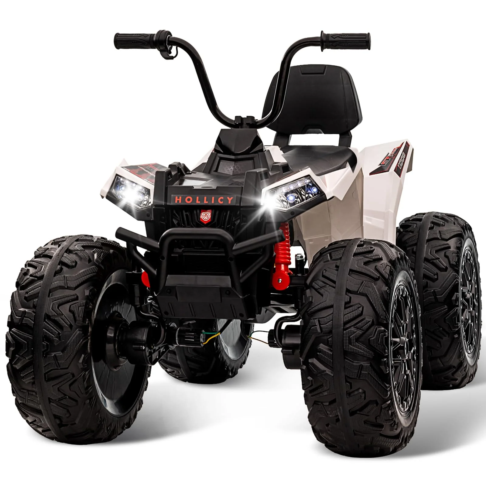 Garvee 24V Kids Quad ATV, Ride on Car 4WD Quad Electric Vehicle, 4x80W Powerful Engine, with 7AHx2 Large Battery, Accelerator Handle, EVA Tire, Full Metal Suspension, LED Light, Bluetooth&Music - White
